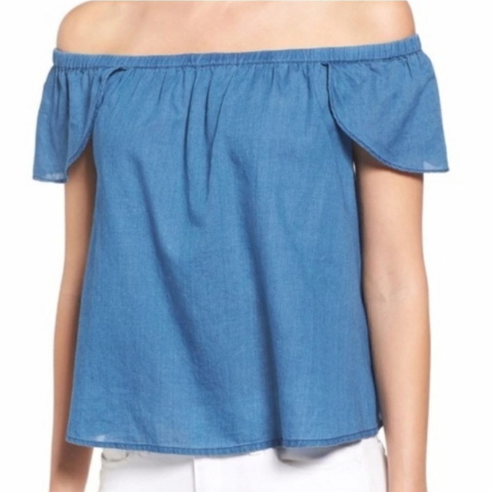 Madewell Chambray Blue Off the Shoulder Lightweight Flowy Blouse Minimalist Top